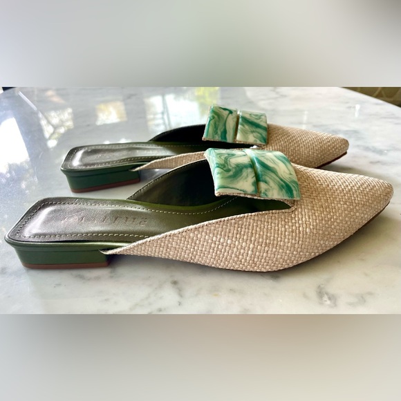 NWOT Maithé Raffia and leather mules, green marbled accent, never worn, sz36 - Picture 3 of 12